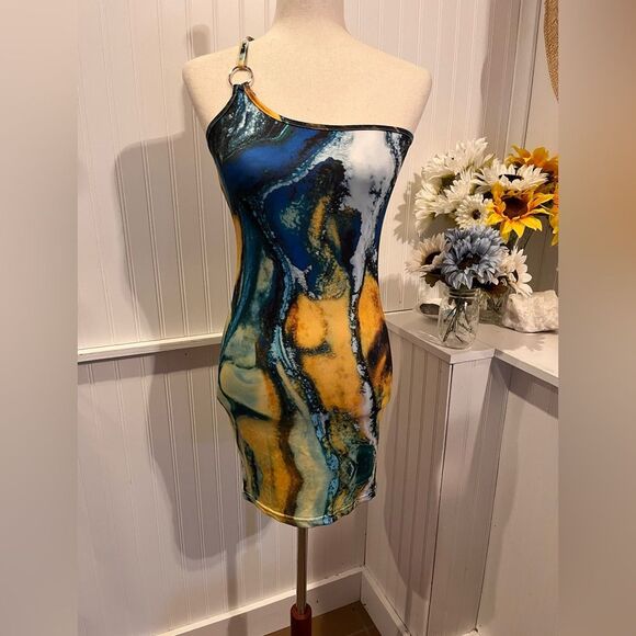 Blue One Shoulder Ring Mini Dress NWT - Picture 1 of 6